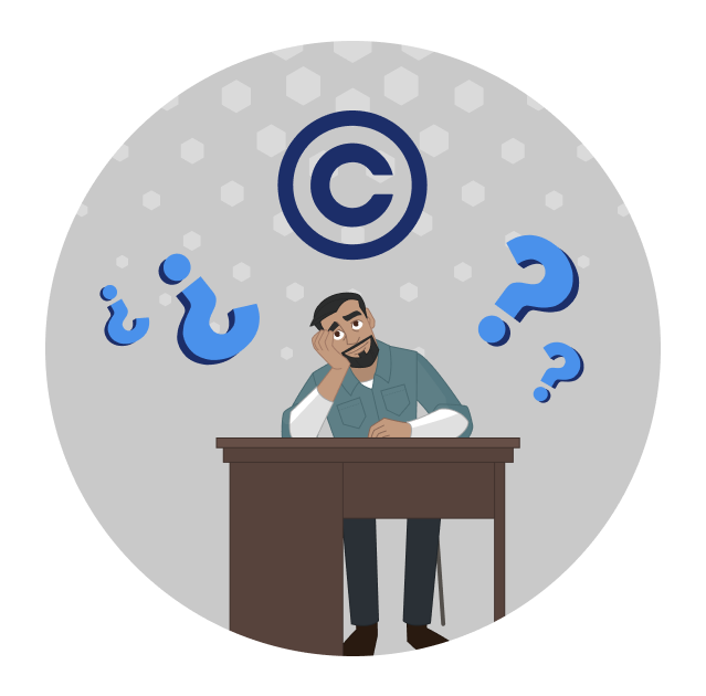 A man at a desk looking confused, with question marks and the copyright symbol over his head