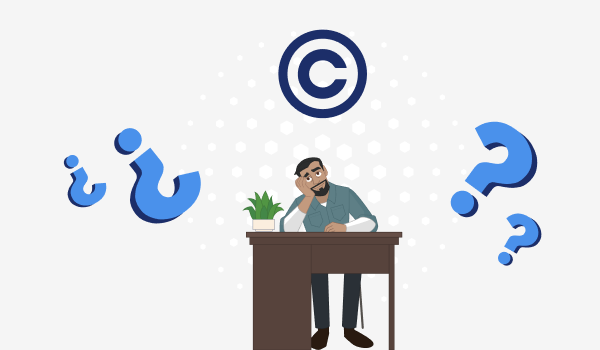 A drawing of a man sitting at a desk looking confused with the copyright symbol and question marks around him