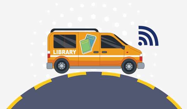 An illustration of a library bookmobile with a wifi signal coming off the front