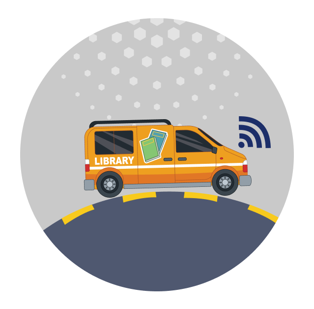 An illustration of a library bookmobile with a wifi signal coming off the front