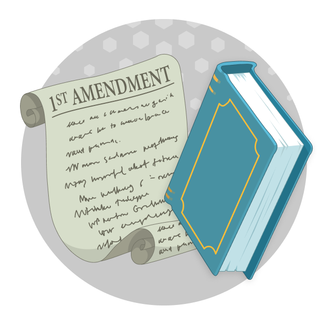 An illustration of the First Amendment and a blue book