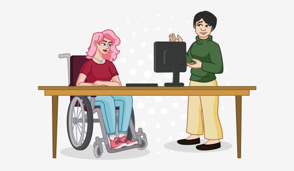 An illustration of a woman in a wheelchair talking with a woman who is standing up