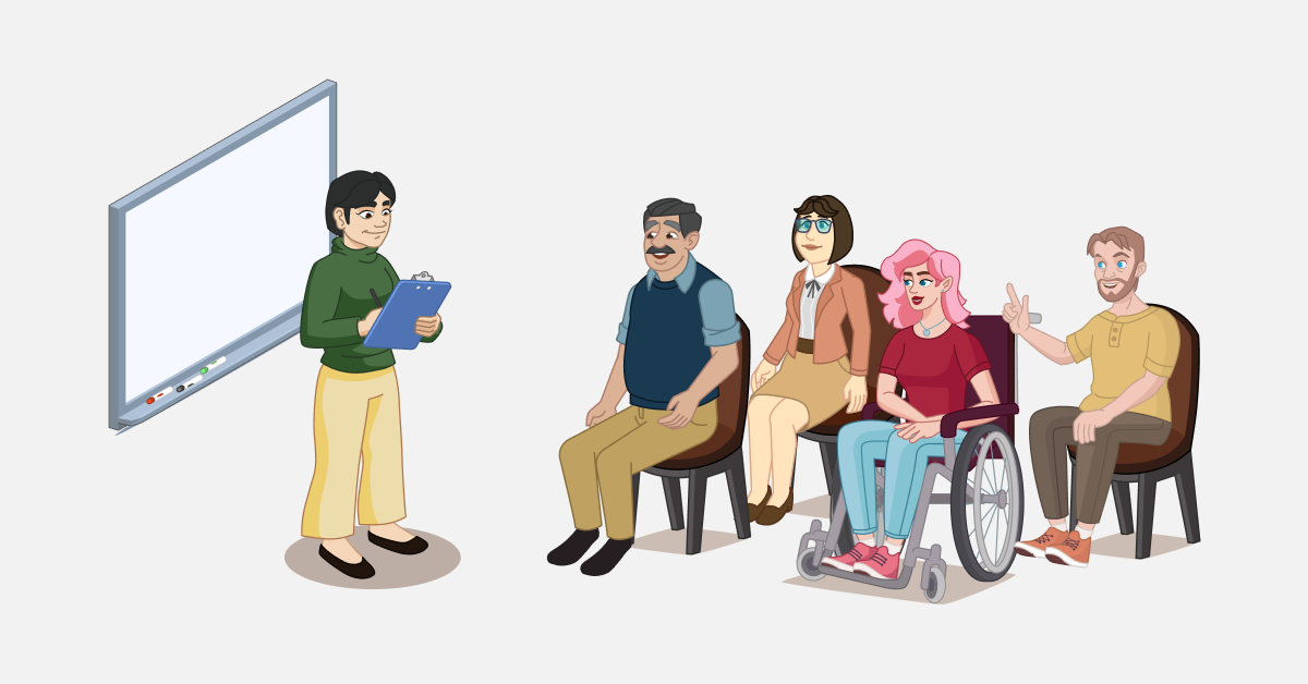 An illustration of a diverse group of adult learners taking a class