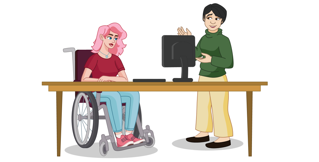 A woman in a wheelchair speaks with a woman standing up.