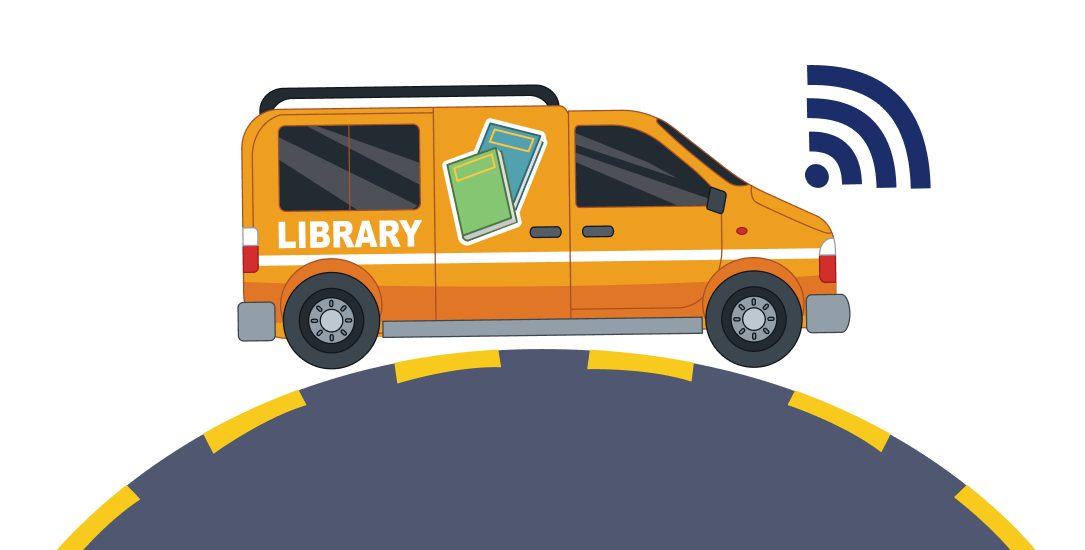 An illustration of a library bookmobile with a wifi signal coming off the front