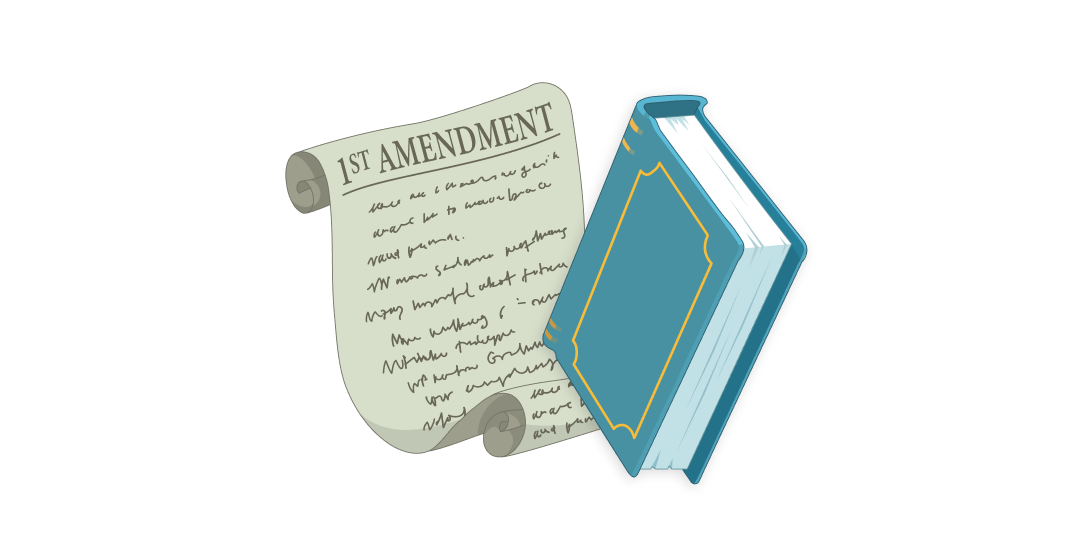 An illustration of the First Amendment and a blue book