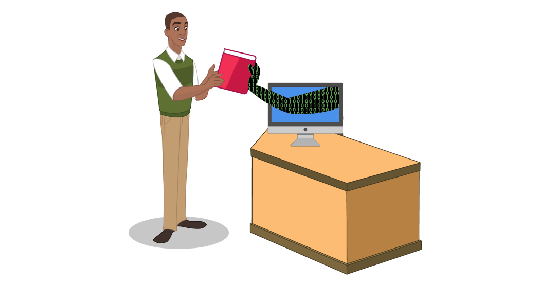 An African-American male librarian reaches for a book being handed to him by an arm made up of ones and zeros coming out of a computer screen